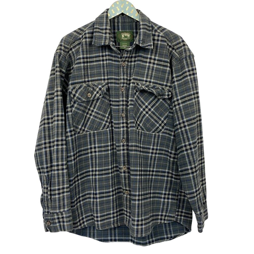 VTG Stillwater Supply Shirt Mens XL Gray Blue Plaid Flannel Heavyweight Workwear